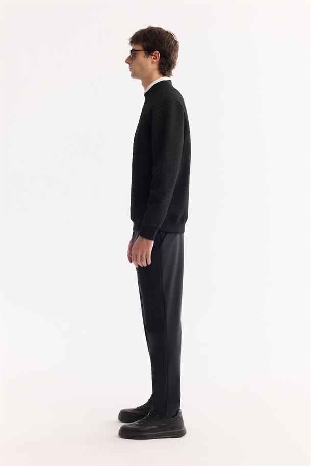 Siyah Bisiklet Yaka Kolay Ütülenen Elastan Sweatshirt