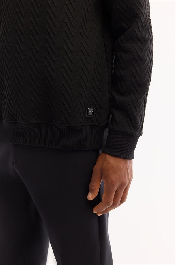 Siyah Bisiklet Yaka Kolay Ütülenen Elastan Sweatshirt