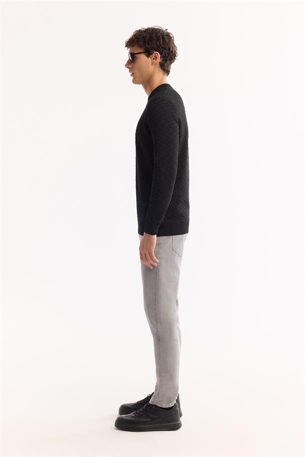 Siyah Bisiklet Yaka Dokulu Triko Kazak