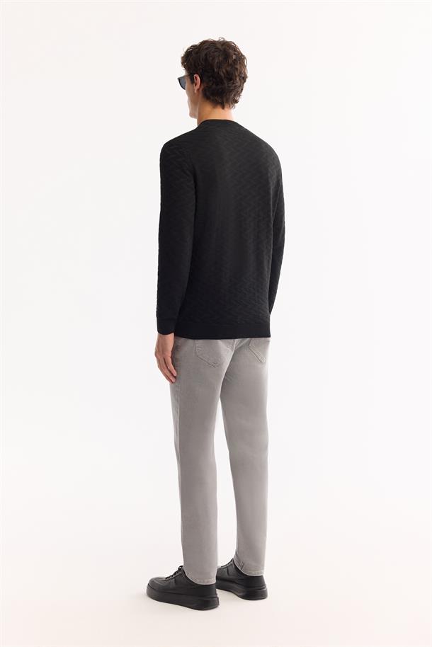 Siyah Bisiklet Yaka Dokulu Triko Kazak