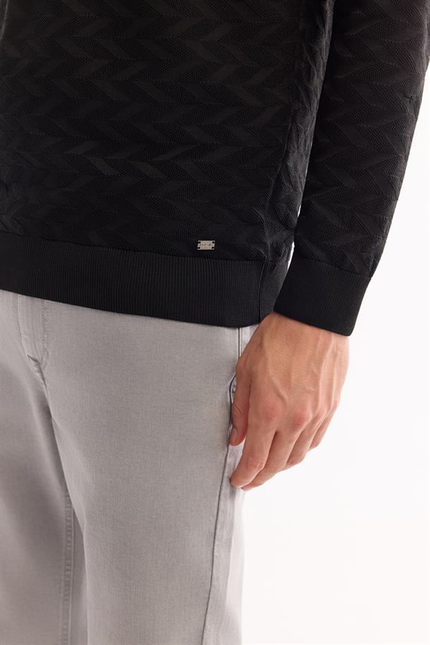 Siyah Bisiklet Yaka Dokulu Triko Kazak