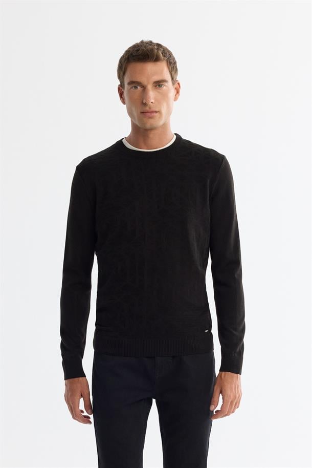 Siyah Bisiklet Yaka Dokulu Triko Kazak