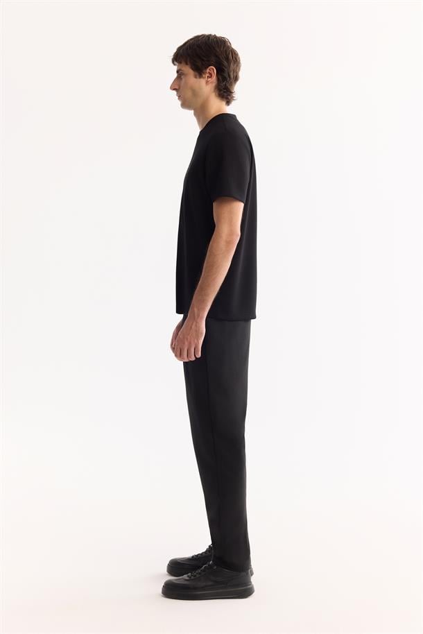 Siyah Bisiklet Yaka Viskon Karışımlı Bi-Stretch Baskılı T-Shirt