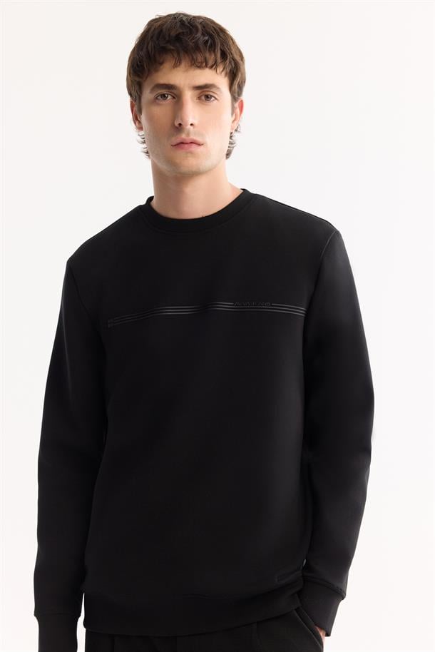 Siyah Bisiklet Yaka Kolay Ütülenen Bi-Stretch Baskılı Sweatshirt