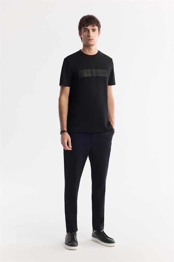 Siyah Bisiklet Yaka Baskılı Bi-Stretch İnterlok T-Shirt