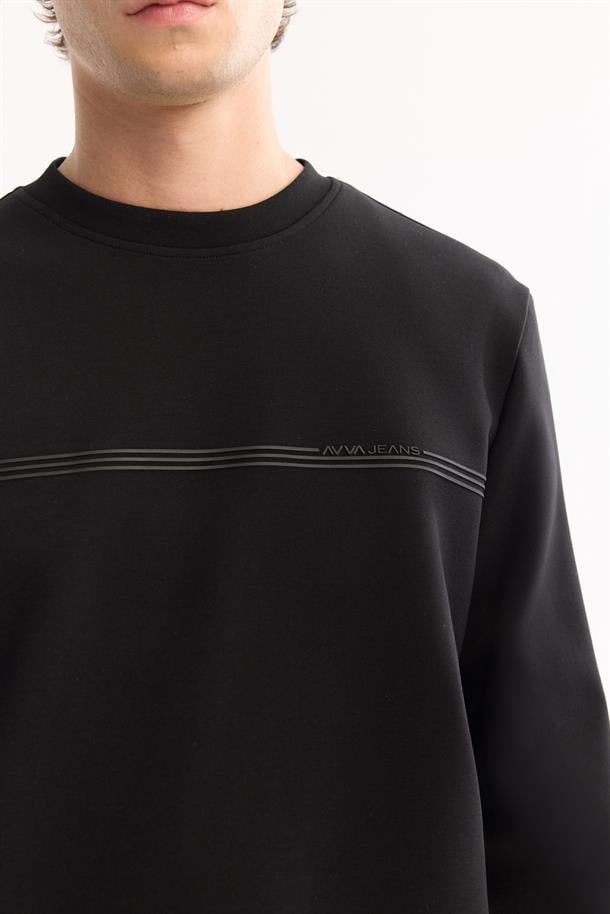 Siyah Bisiklet Yaka Kolay Ütülenen Bi-Stretch Baskılı Sweatshirt