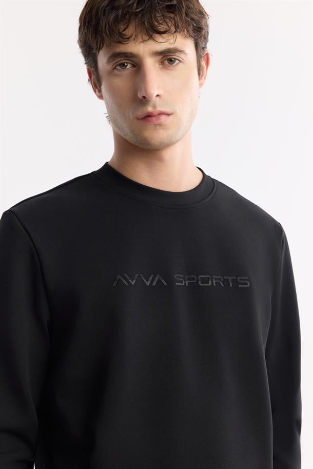 Siyah Bisiklet Yaka Baskılı Bi-Stretch İnterlok Sweatshirt