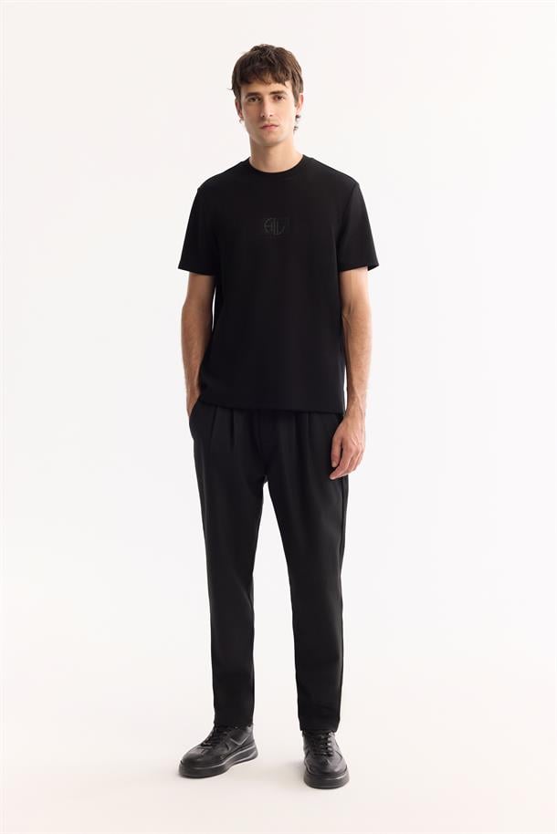 Siyah Bisiklet Yaka Viskon Karışımlı Bi-Stretch Baskılı T-Shirt