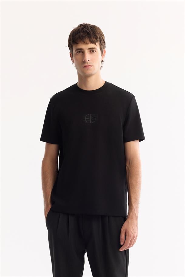 Siyah Bisiklet Yaka Viskon Karışımlı Bi-Stretch Baskılı T-Shirt