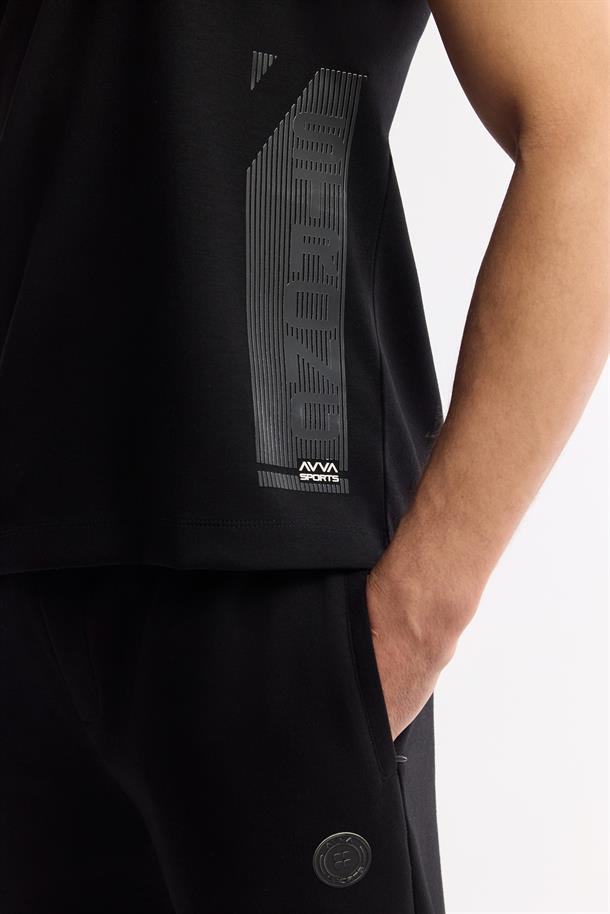 Siyah Bisiklet Yaka Baskılı Bi-Stretch İnterlok T-Shirt