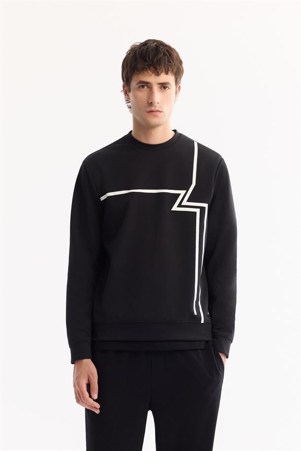 Siyah Bisiklet Yaka Kolay Ütülenen Bi-Stretch Baskılı Sweatshirt