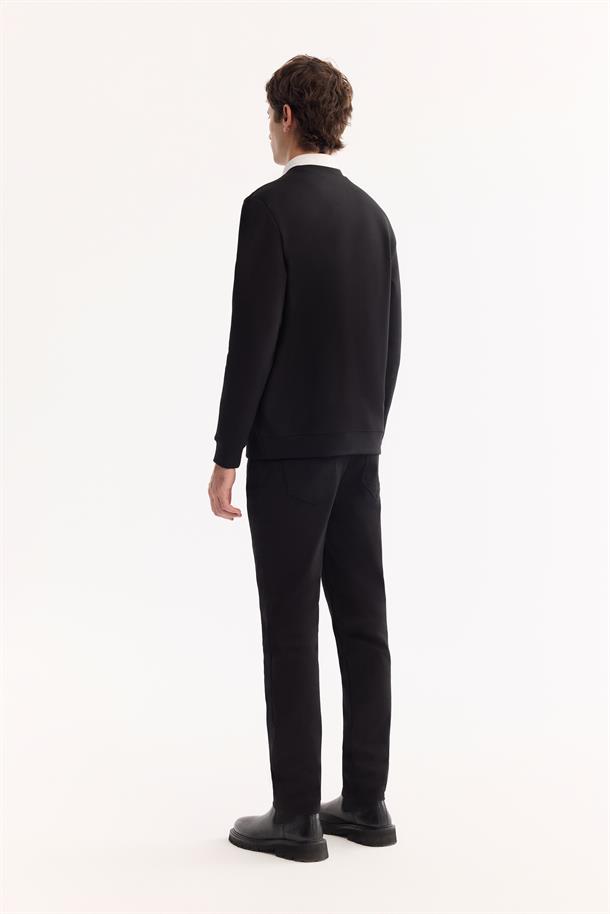 Siyah Bisiklet Yaka Kolay Ütülenen Bi-Stretch Baskılı Sweatshirt