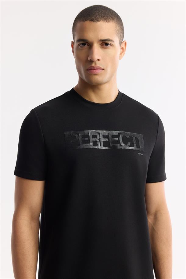 Siyah Bisiklet Yaka Baskılı Bi-Stretch İnterlok T-Shirt