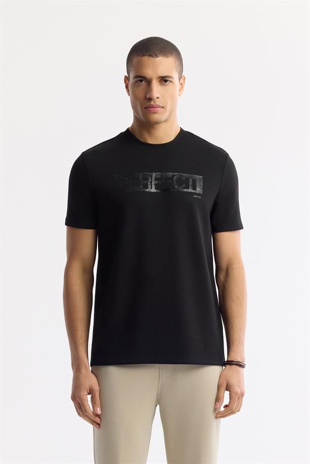 Siyah Bisiklet Yaka Baskılı Bi-Stretch İnterlok T-Shirt