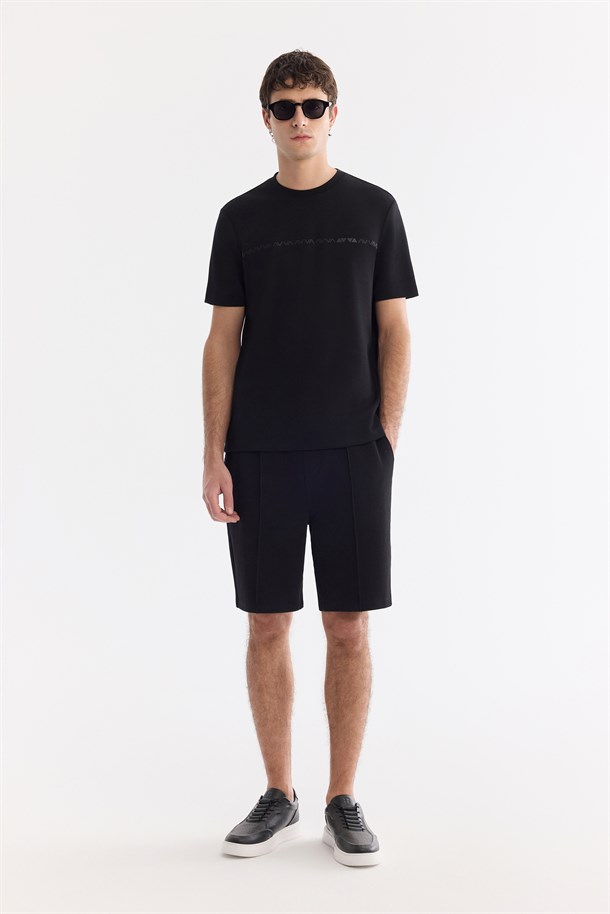 Siyah Bisiklet Yaka Baskılı Viskon Karışımlı Bi-Stretch İnterlok T-Shirt