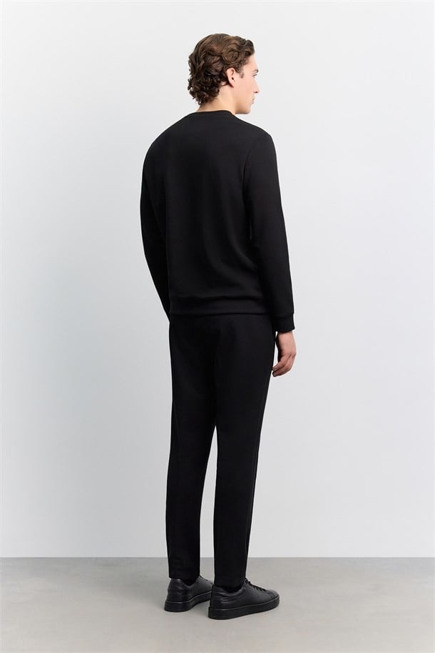 Siyah Bisiklet Yaka Enjeksiyon Baskılı İnterlok Sweatshirt