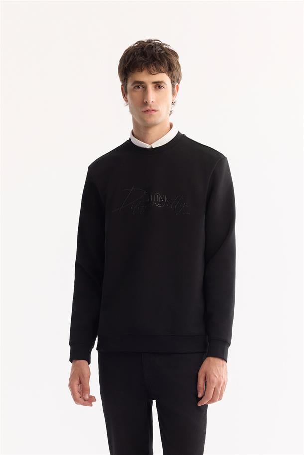 Siyah Bisiklet Yaka Kolay Ütülenen Bi-Stretch Baskılı Sweatshirt