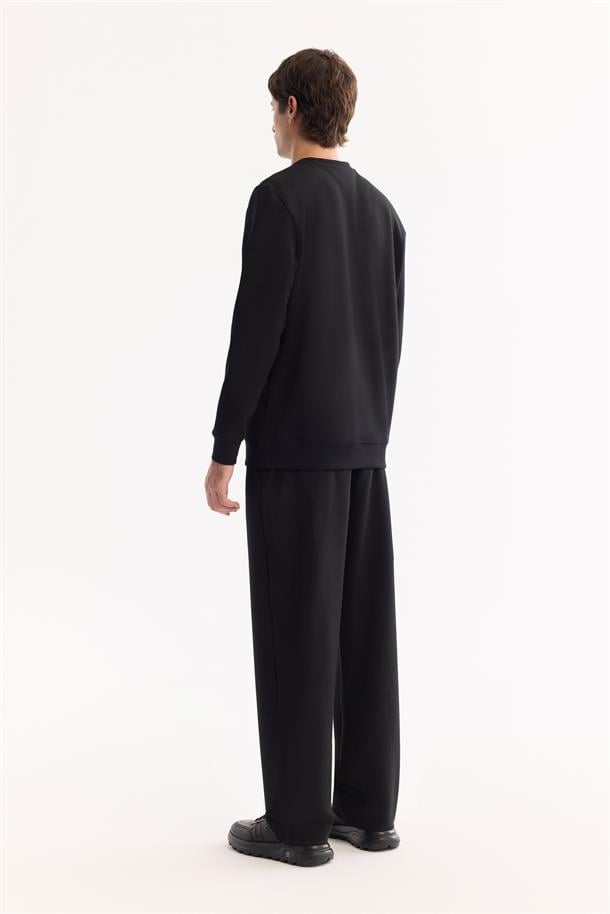 Siyah Bisiklet Yaka Kolay Ütülenen Bi-Stretch Baskılı Sweatshirt