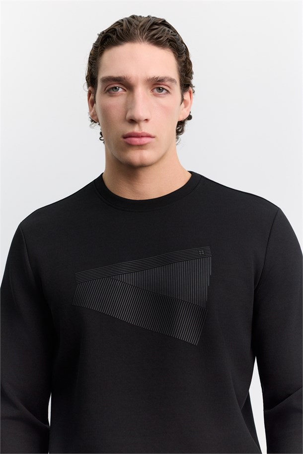 Siyah Bisiklet Yaka Baskılı İnterlok Sweatshirt