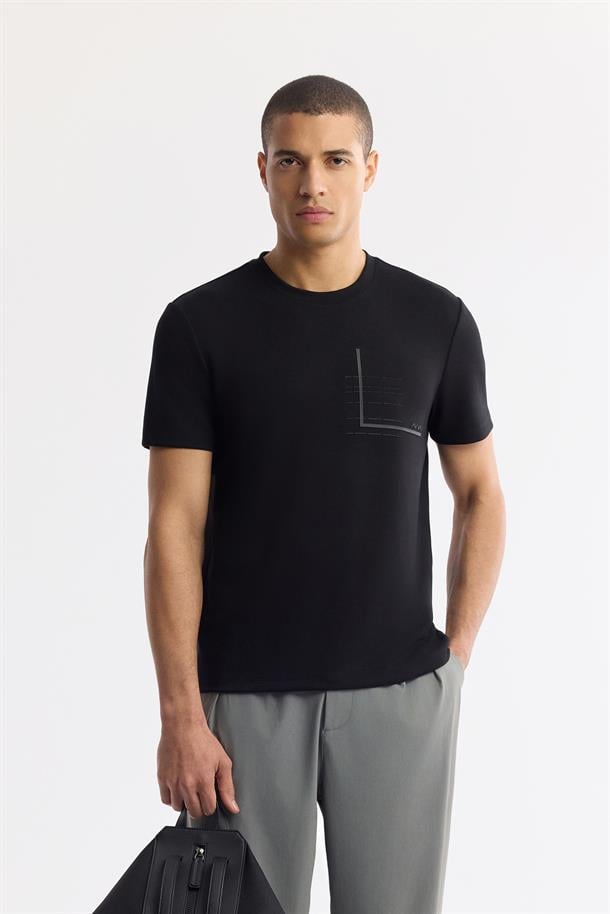 Siyah Bisiklet Yaka Baskılı Bi-Stretch İnterlok T-Shirt