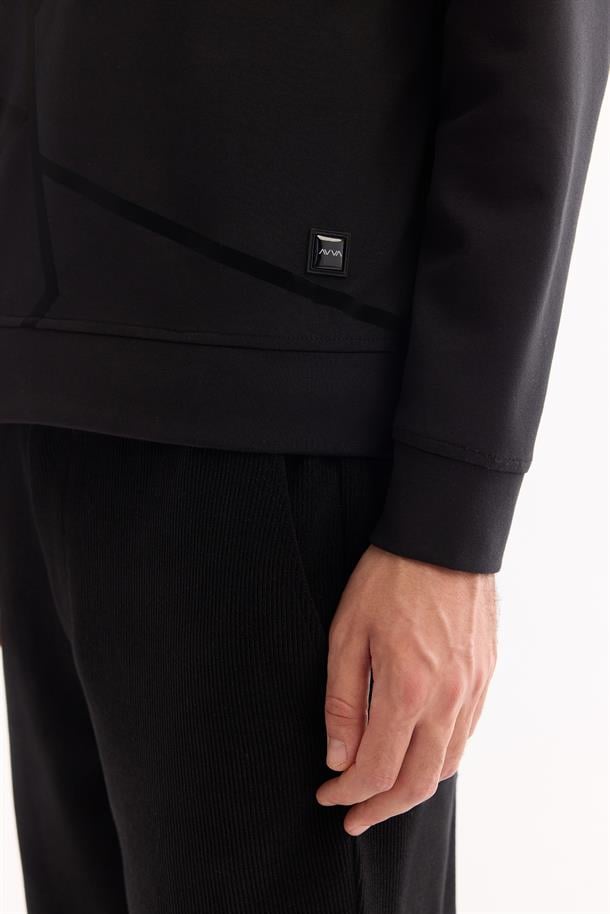 Siyah Bisiklet Yaka Kolay Ütülenen Bi-Stretch Baskılı Sweatshirt