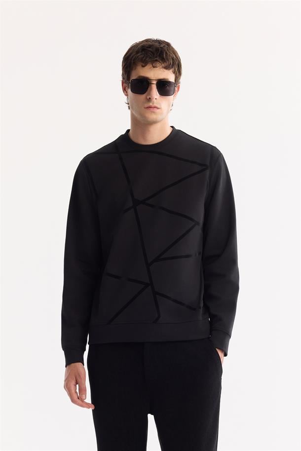 Siyah Bisiklet Yaka Kolay Ütülenen Bi-Stretch Baskılı Sweatshirt