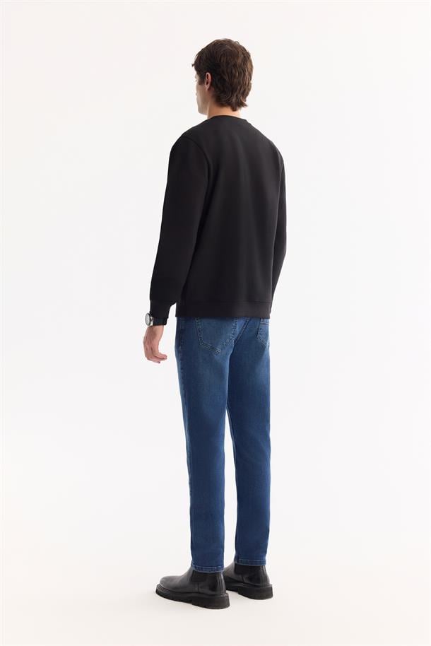 Siyah Bisiklet Yaka Kolay Ütülenen Bi-Stretch Baskılı Sweatshirt