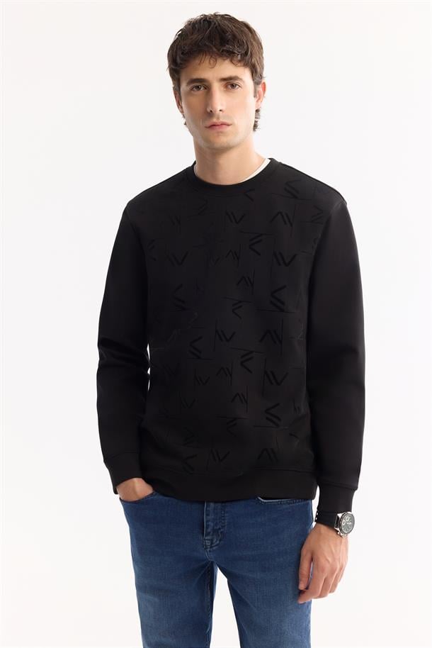 Siyah Bisiklet Yaka Kolay Ütülenen Bi-Stretch Baskılı Sweatshirt