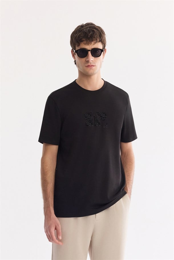 Siyah Bisiklet Yaka Baskılı Viskon Karışımlı T-Shirt