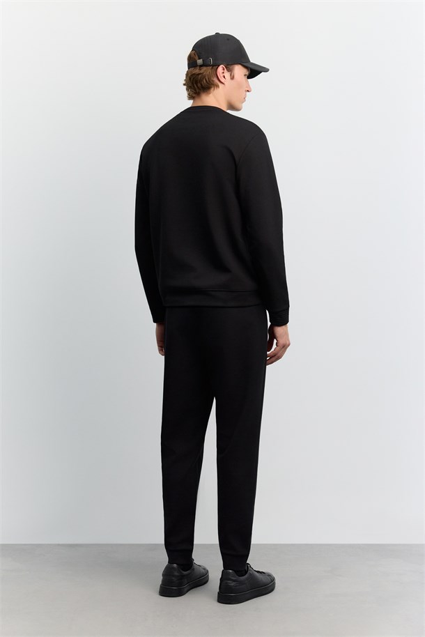 Siyah Bisiklet Yaka Fitil Ribana İnterlok  Sweatshirt
