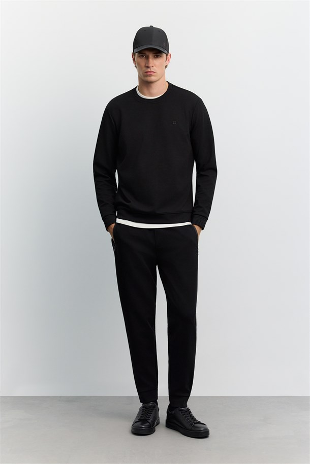 Siyah Bisiklet Yaka Fitil Ribana İnterlok  Sweatshirt