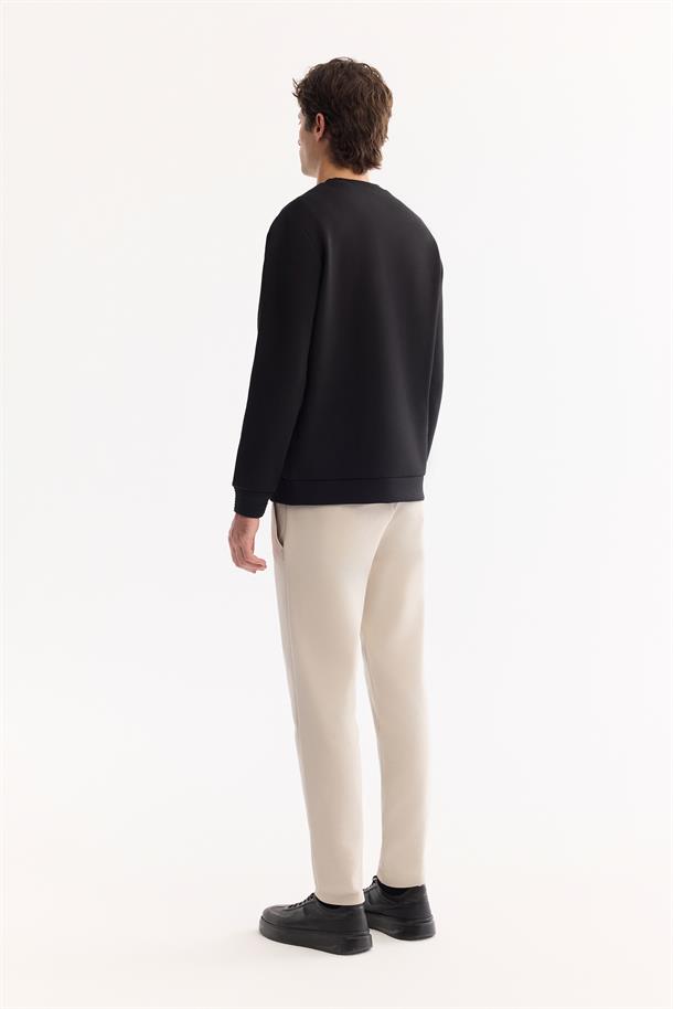 Siyah Bisiklet Yaka Kolay Ütülenen Bi-Stretch Sweatshirt