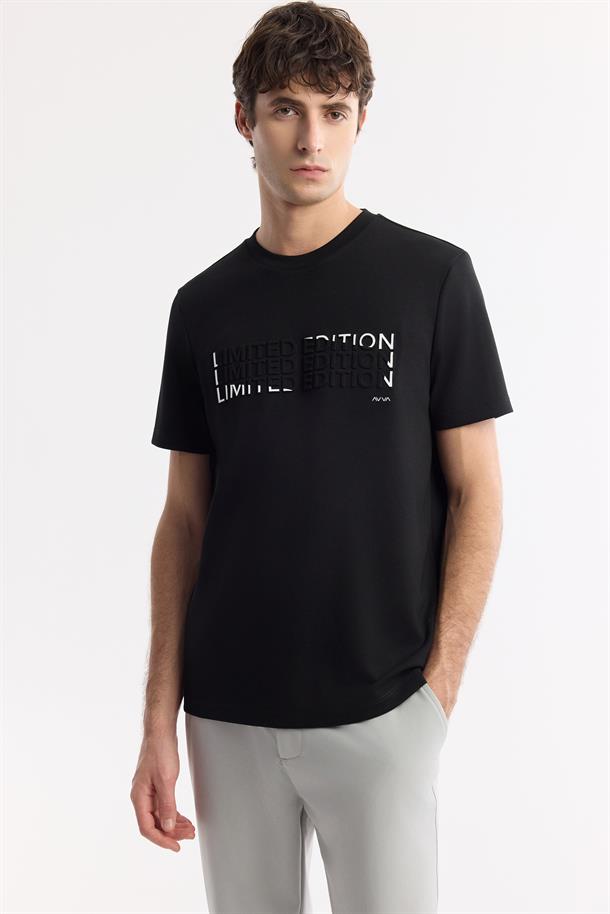 Siyah Bisiklet Yaka Baskılı Bi-Stretch İnterlok T-Shirt