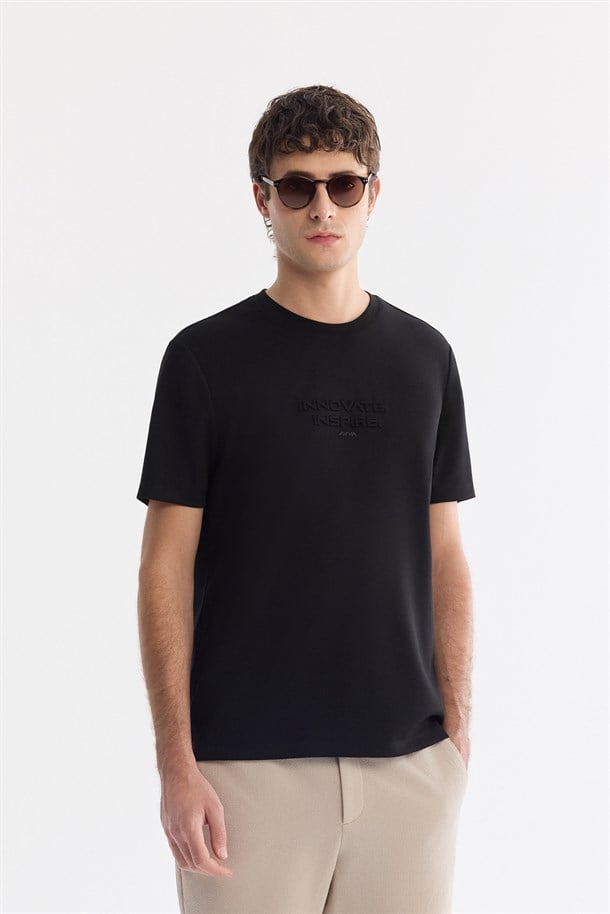 Siyah Bisiklet Yaka Baskılı İnterlok T-Shirt