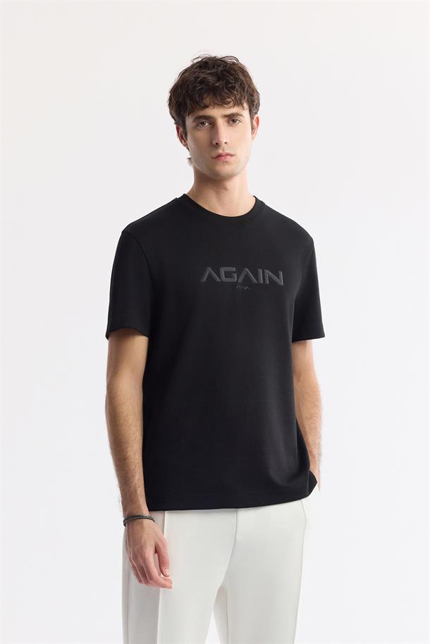 Siyah Bisiklet Yaka Baskılı Bi-Stretch İnterlok T-Shirt