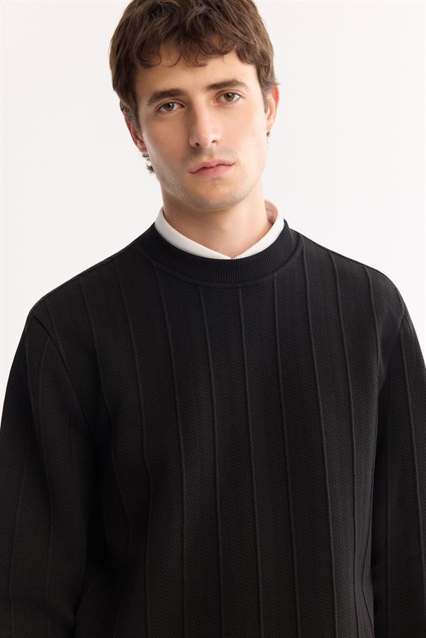 Siyah Bisiklet Yaka Elastan  Kolay Ütülenen Çizgili Sweatshirt