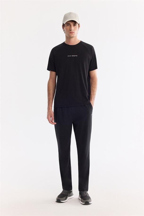 Siyah Bisiklet Yaka Baskılı Soft Touch Nefes Alan T-Shirt