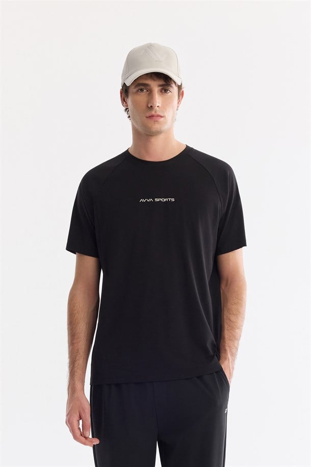 Siyah Bisiklet Yaka Baskılı Soft Touch Nefes Alan T-Shirt