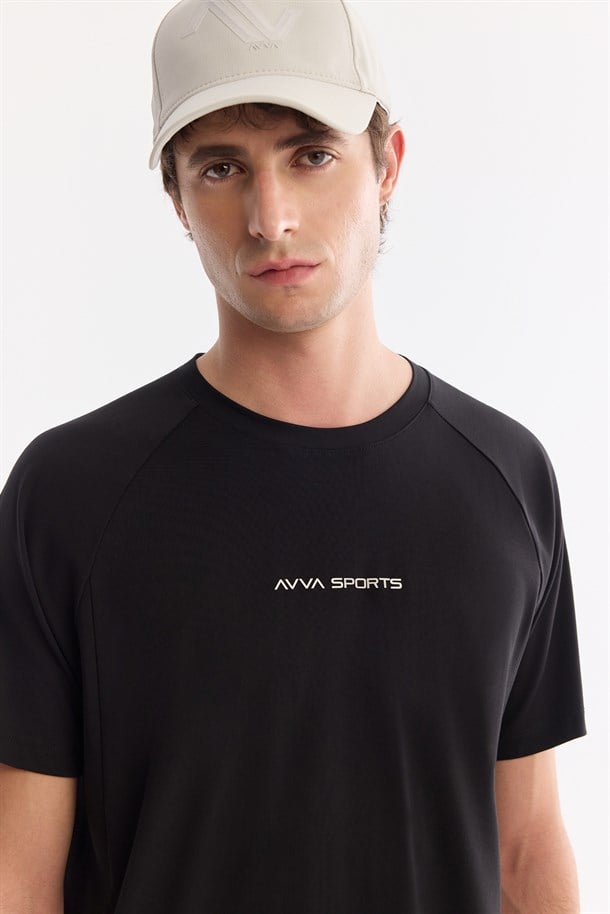 Siyah Bisiklet Yaka Baskılı Soft Touch Nefes Alan T-Shirt