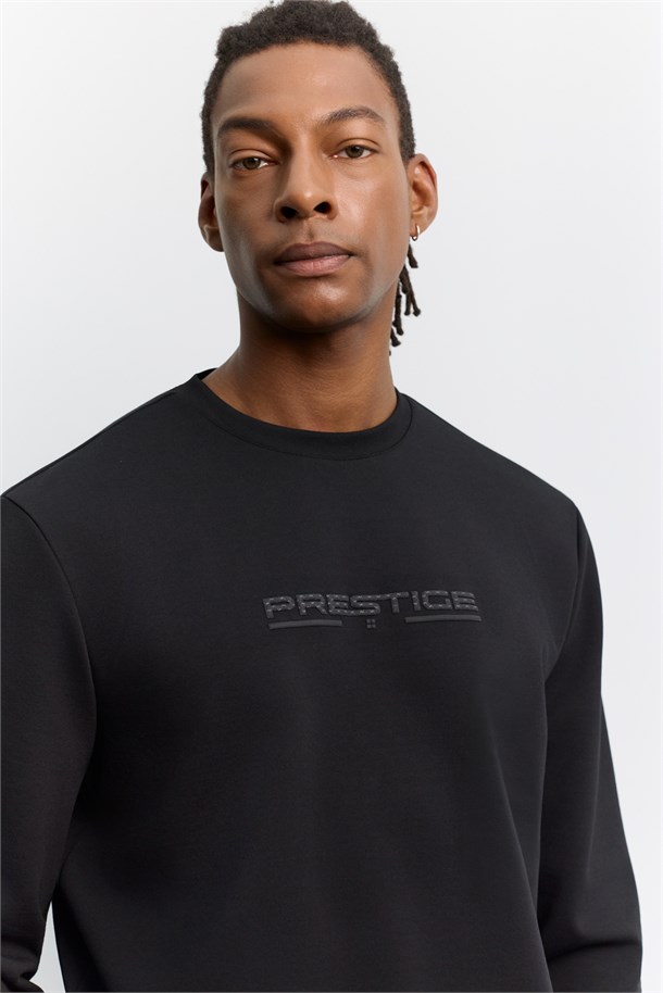 Siyah Bisiklet Yaka Kolay Ütülenen Baskılı İnterlok Sweatshirt
