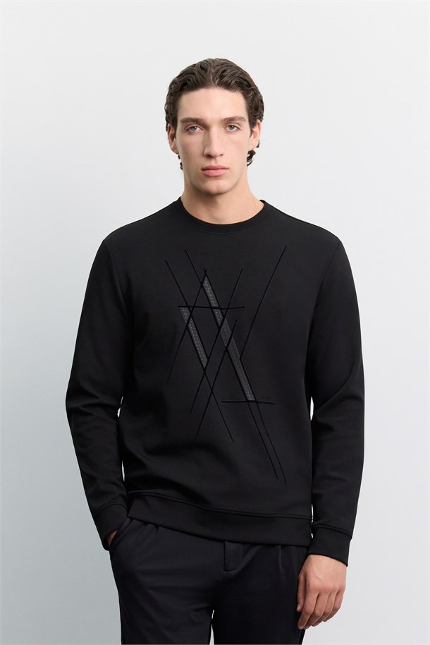 Siyah Bisiklet Yaka Kolay Ütülenen Baskılı İnterlok Sweatshirt