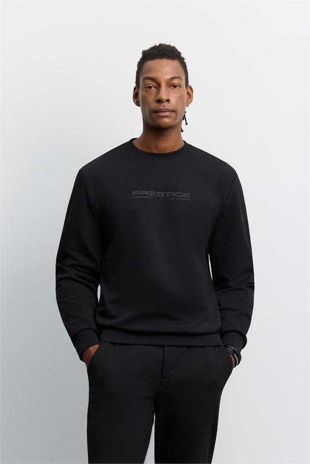 Siyah Bisiklet Yaka Kolay Ütülenen Baskılı İnterlok Sweatshirt