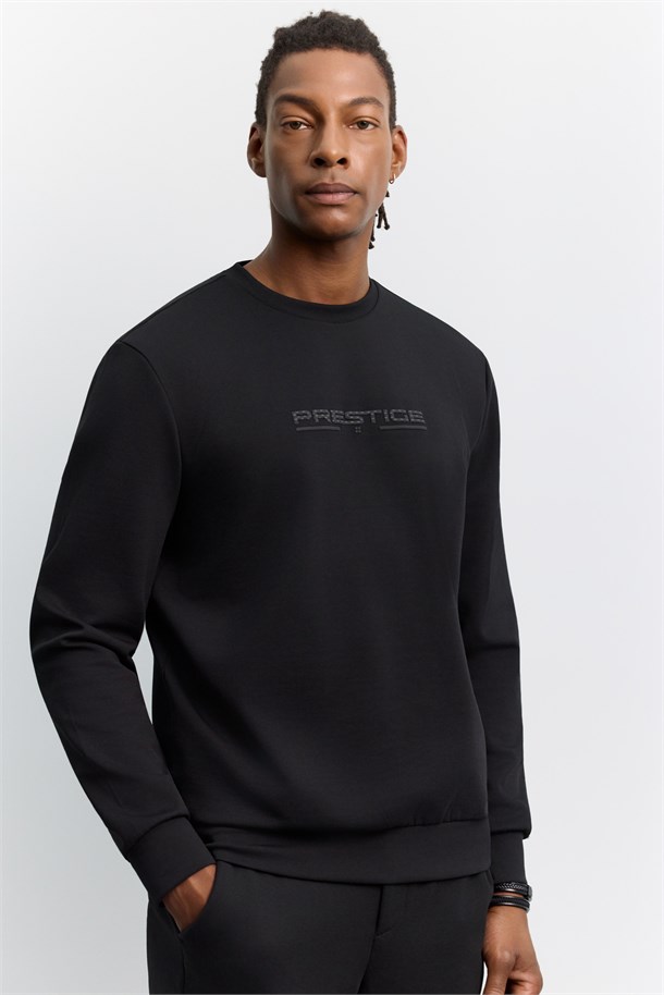 Siyah Bisiklet Yaka Kolay Ütülenen Baskılı İnterlok Sweatshirt