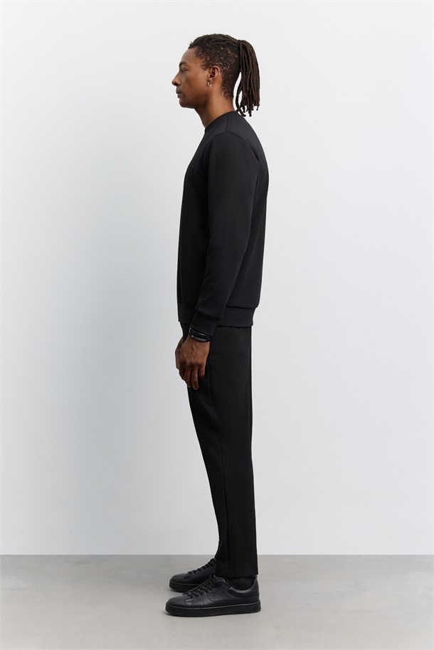 Siyah Bisiklet Yaka Kolay Ütülenen Baskılı İnterlok Sweatshirt