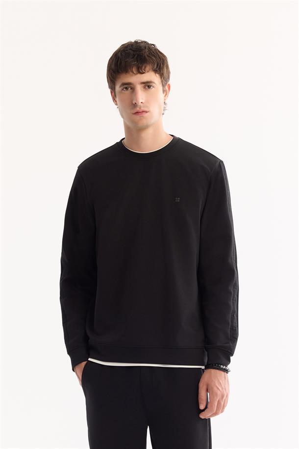 Siyah Bisiklet Yaka Kolay Ütülenen Bi-Stretch Sweatshirt