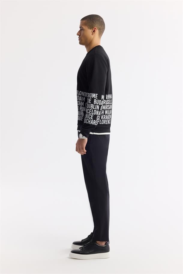 Siyah Bisiklet Yaka Baskılı Bi-Stretch İnterlok Sweatshirt