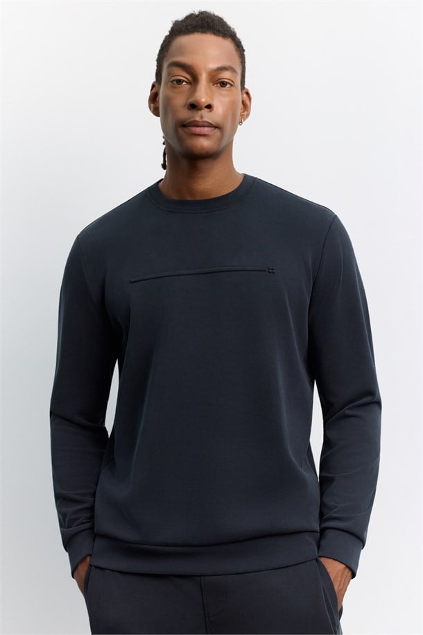 Siyah Bisiklet Yaka Modal Karışımlı Soft Touch Sweatshirt