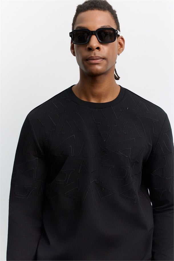 Siyah Bisiklet Yaka Nakışlı İnterlok Sweatshirt