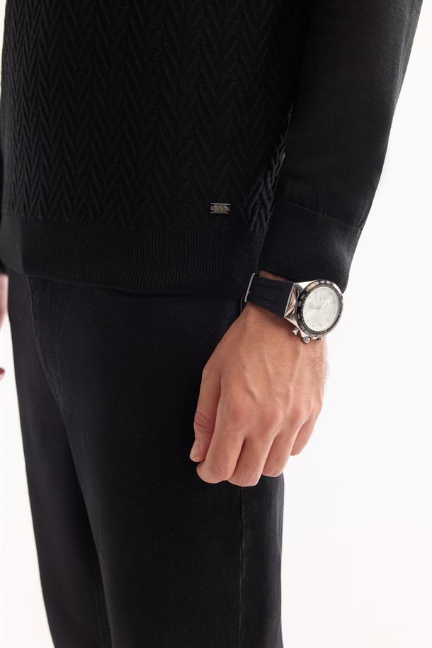 Siyah Balıkçı Yaka Yün Karışımlı Dokulu Triko Kazak