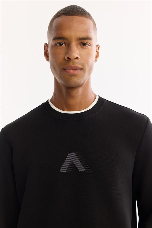 Siyah Bisiklet Yaka Kolay Ütülenen Bi-Stretch Baskılı Sweatshirt